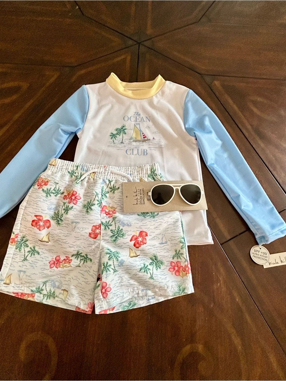 NWT NICOLE MILLER Tropical Boys Swim Trunks, Top and Sunglasses Bundle - Size 6